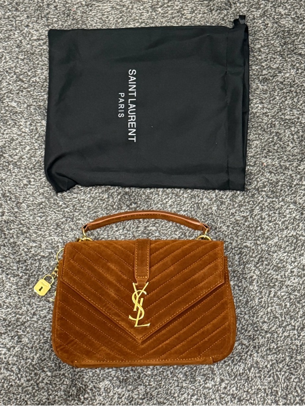 Saint Laurent Brown Velvet Satchel with Gold Hardware